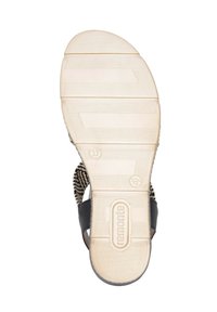 Black and beige sandal with woven upper, rubber sole, textured pattern, and adjustable straps. Size marked as 37 on the sole.