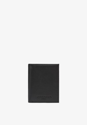 Schwarze Lederbörse mit glatter Oberfläche, im Zwei-Falten-Design und geprägtem Logo. Hat saubere Kanten und minimale Details.