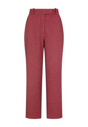 Hose aus dunkelrotem Stoff mit Fischgrätmuster, geradem Schnitt, strukturiertem Bund und vorderen Taschen.