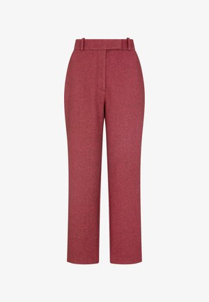 Hose aus dunkelrotem Stoff mit Fischgrätmuster, geradem Schnitt, strukturiertem Bund und vorderen Taschen.