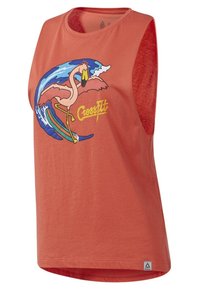 Ärmlös sporttopp i korallfärg med en flamingo grafik som rider på en våg. Tillverkad av lättviktigt tyg med en avslappnad passform.