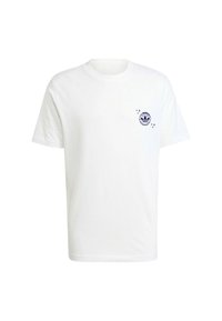 Bijela pamučna majica s kratkim rukavima i okruglim izrezom, s malim plavim grafičkim logotipom na lijevoj strani prsnog područja.