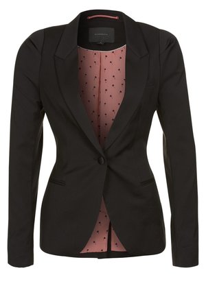 Schwarzer Ein-Knopf-Blazer mit maßgeschneiderter Passform und pinkem Futter mit kleinem schwarzem Blumenmuster.