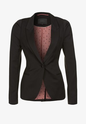Blazer nero a bottone singolo con vestibilità su misura e fodera rosa con piccolo motivo floreale nero.