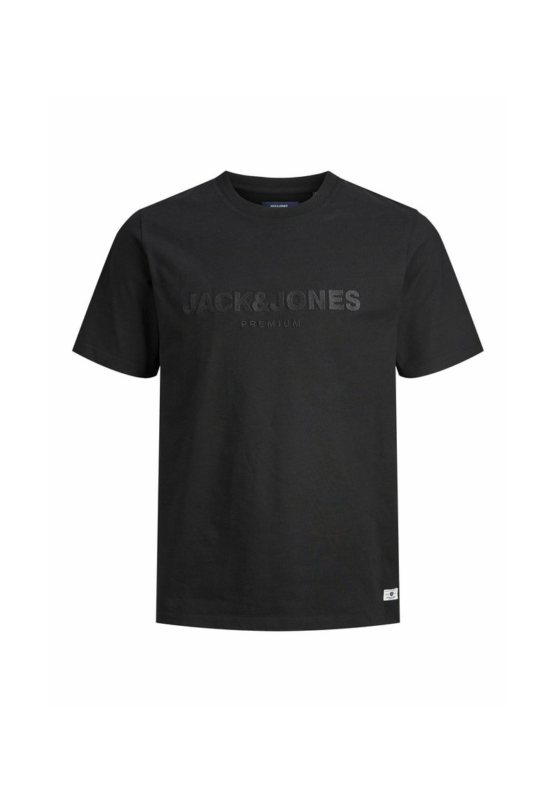Crna pamučna majica s okruglim izrezom, sa toniranim reljefnim logotipom "JACK&JONES PREMIUM" na prsima. Kratki rukavi.