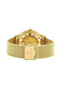 Orologio in acciaio inossidabile dorato con bracciale a rete e fibbia. Movimento meccanico visibile e vetro zaffiro. Dettaglio numerico sul retro.