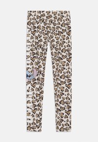 Világos bézs háttérrel rendelkező leggings, barna és fekete szív formájú leopárdmintával, az oldalon egy kék mesehős kiegészítéssel.