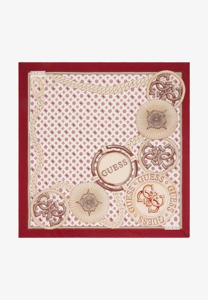 Silk scarf with a red border, featuring a cream floral pattern, circular logo accents, and intertwined rope designs in beige and brown.