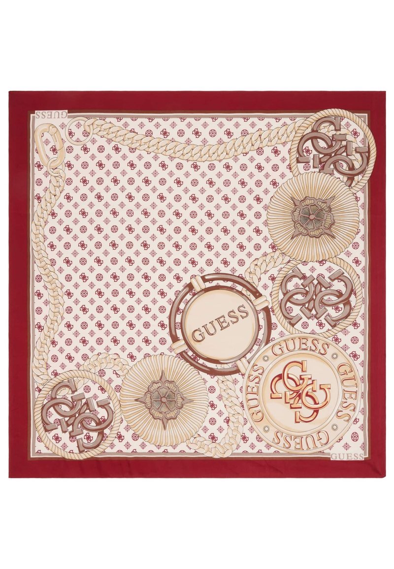 Zijde sjaal met een rode rand, voorzien van een crèmekleurig bloemendessin, ronde logo-accenten en met elkaar verweven touwontwerpen in beige en bruin.