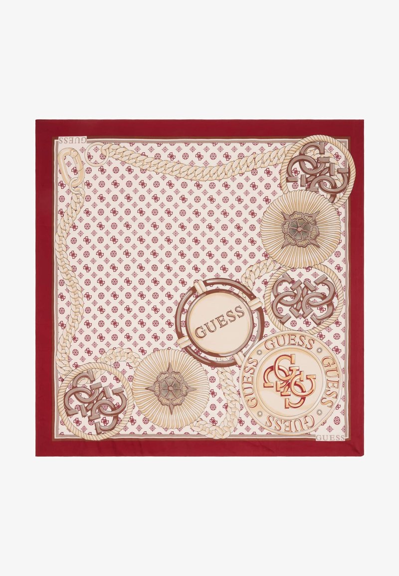 Foulard in seta con bordo rosso, caratterizzato da un motivo floreale crema, accenti di logo circolare e disegni di corda intrecciati in beige e marrone.