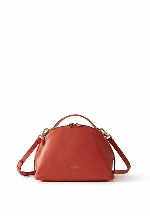 Red leather handbag with rounded top, gold zipper closure, short handle, and adjustable shoulder strap on a white background.
