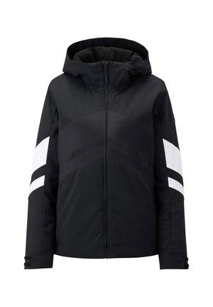 Schwarze wasserdichte Jacke mit Reißverschluss vorne, attached Kapuze, weißen Streifenakzenten an den Ärmeln und gefüttertem Innenfutter. Verfügt über Seiten Taschen.