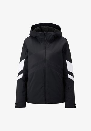 Schwarze wasserdichte Jacke mit Reißverschluss vorne, attached Kapuze, weißen Streifenakzenten an den Ärmeln und gefüttertem Innenfutter. Verfügt über Seiten Taschen.