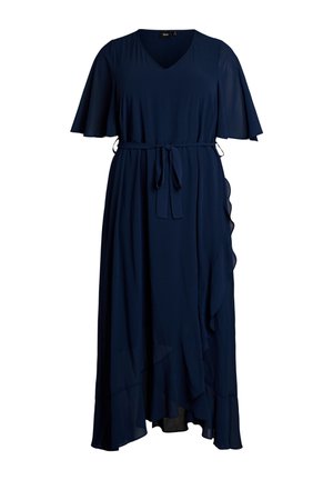 Maxi šaty námorníckej modrej farby s výstrihom do V, volánovými rukávmi, opaskom v páse a asymetrickým volánovým okrajom.
