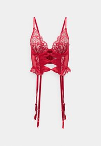 Σετ εσώρουχα από κόκκινη δαντέλα με διάφανο ύφασμα, floral σχέδια, ρυθμιζόμενους σατινένιους ιμάντες και βολάν. Περιλαμβάνει ιμάντες διαφραγμάτων και κλείσιμο με γάντζο.