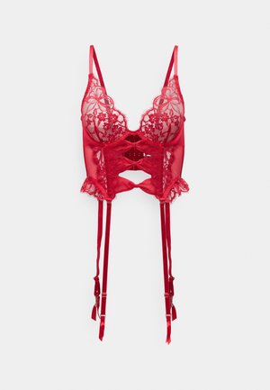 Ensemble de lingerie en dentelle rouge avec tissu transparent, motifs floraux, bretelles en satin ajustables et bordure à volants. Comprend des jarretelles et une fermeture à agrafes.