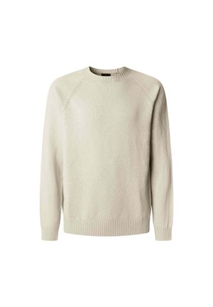 Vaalean beige neulepaita, jossa on pyöreä kaula-aukko, pitkät raglan-hihat ja ribbaushelma. Teksturoitu kangas, jossa on hienovaraisia värivaihteluita.