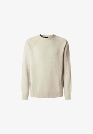 Hellbeige gestrickter Pullover mit Rundhals, langen Raglanärmeln und geripptem Saum. Strukturiertes Gewebe mit subtilen Farbvariationen.