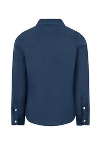 Camicia a maniche lunghe blu navy con colletto, polsini con bottoni e tessuto leggero e testurizzato, caratterizzata da un design semplice e pulito.