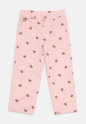 Pink straight-leg pants with brown croissant patterns, front button and pockets, laid flat on a white background.