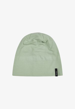 Light green beanie hat made of soft fabric. Features a gathered top and a small black label on the side. Smooth texture with no patterns.