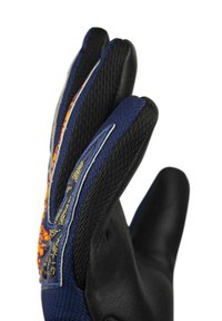 Guanto da lavoro con un design in tessuto blu navy e palmo e dita in nylon nero. Gli accenti includono motivi nei vivaci colori arancione e giallo.