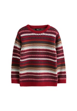 Roter Strickpullover mit horizontalen Streifen im Fair-Isle-Muster in Braun, Weiß, Marineblau und Bordeaux, Rundhalsausschnitt sowie gerippten Bündchen und Saum.