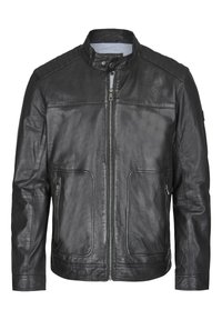 Schwarze Lederjacke mit Stehkragen, vorderem Reißverschluss, zwei Seiten Taschen, gerippten Schulterakzenten und glatter Textur.