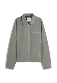 Gray zip-up jacket with a pointed collar, two side pockets, and a chest pocket with a zipper; made from a textured fabric.