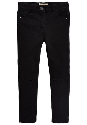 Zwarte slim-fit jeans met zakken aan de voorkant, lussen voor een riem, knoopsluiting en subtiele slijtage bij de knieën.