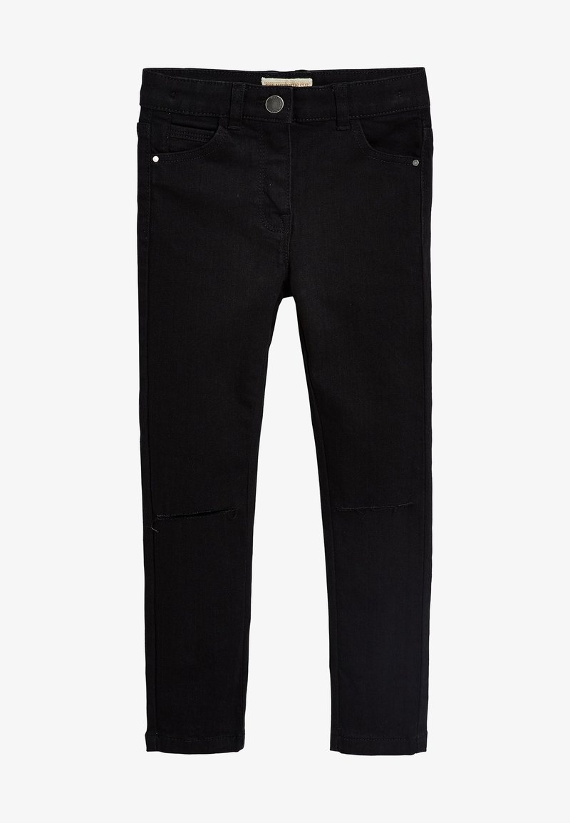 Jean noir slim avec poches avant, passants pour ceinture, fermeture par bouton et légère usure subtile aux genoux.