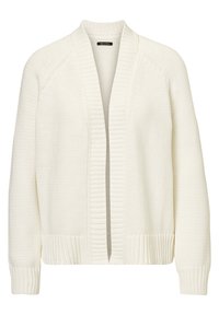 Cardigan bianco lavorato a maglia con apertura anteriore, colletto, polsini e orlo a coste, caratterizzato da un motivo a maglia testurizzata e maniche lunghe.