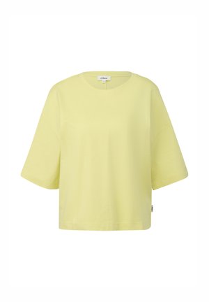 Jasnożółty, krótki, krótki T-shirt z krótkim rękawem, okrągłym dekoltem i małą metką marki na bocznym szwie.