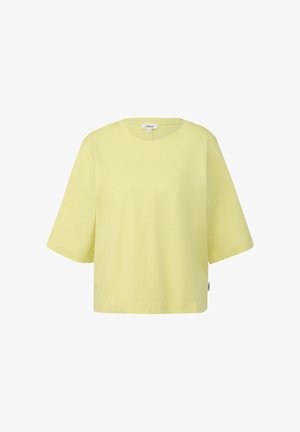 Lichtgeel, kortermig cropped T-shirt met een ronde hals en een klein merkmouwlabel aan de zijnaden.