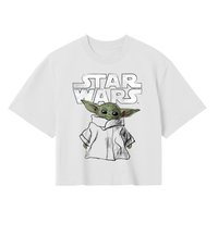 Bílé tričko s motivem Baby Yody (Grogu) v hábitu a nápisem "STAR WARS" nad hrudníkem.