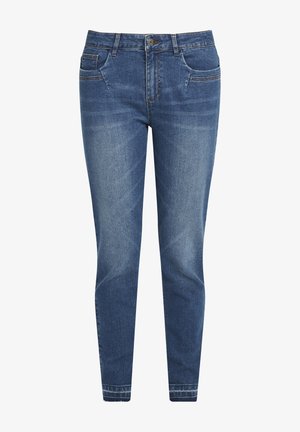 Denim bikses vidēji tumši zilā tonī ar šauru piegriezumu, kurām ir piecas kabatas, kontrastējoša šuvju krāsa un gluda tekstūra.