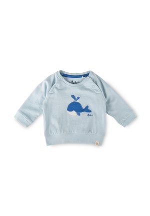 T-shirt bébé à manches longues bleu clair avec un motif baleine bleue et des boutons-pression sur l'épaule pour un habillage facile.