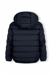 Námornícky modrá páperová bunda s kapucňou, prešívaným dizajnom s horizontálnymi švami, elastickými manžetami a mierne zúženým lemom.