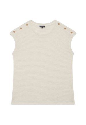 Ärmelloses Oberteil in Cremefarbe aus strukturiertem Strickstoff, mit drei dekorativen goldenen Knöpfen an einer Schulter und einem Rundhalsausschnitt.