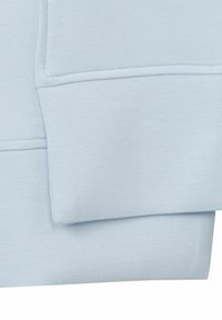 Lichtblauwe sweatshirt met een gladde textuur, voorzien van een opgerolde cuff en nette stiksels. Eenvoudig ontwerp, zonder zichtbare hardware of patronen.