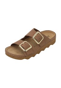 Brown faux leather slide sandal with two adjustable buckles, padded footbed, and textured cork-like sole with a wavy edge.