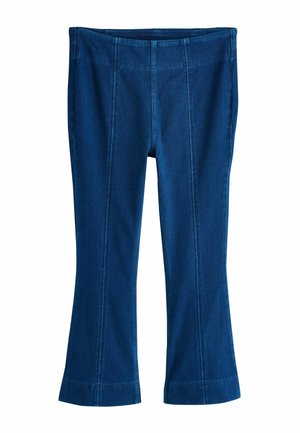 Sötétkék, egyenes szárú nadrágok látható függőleges varrásokkal és hímzett szegélyekkel, fehér háttéren bemutatva.