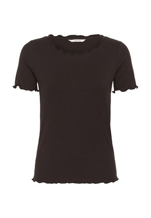 T-shirt noir côtelé à manches courtes, avec un col et un ourlet festonnés. Le tissu a une texture extensible.