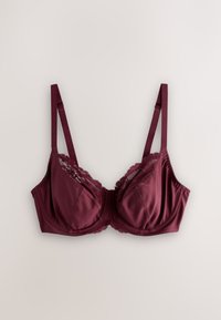 Bordo värvi rinnahoidja pitsist äärega, raamidega disain, reguleeritavad rihmad ja sile kangas. Omab kolme osa, mis pakuvad tuge ja vormi.
