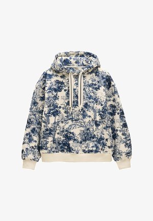 Mikina s kapucňou s slonovinovým základom a modrou botanickou potlačou. Obsahuje klokankový vrecko a ribbené manžety sťahovacej šnúrky.