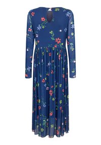 Robe longue à manches longues bleu marine à fleurs avec taille froncée, longueur midi, ouverture au dos en forme de goutte, et imprimés floraux multicolores en rouge, rose, vert et lavande.