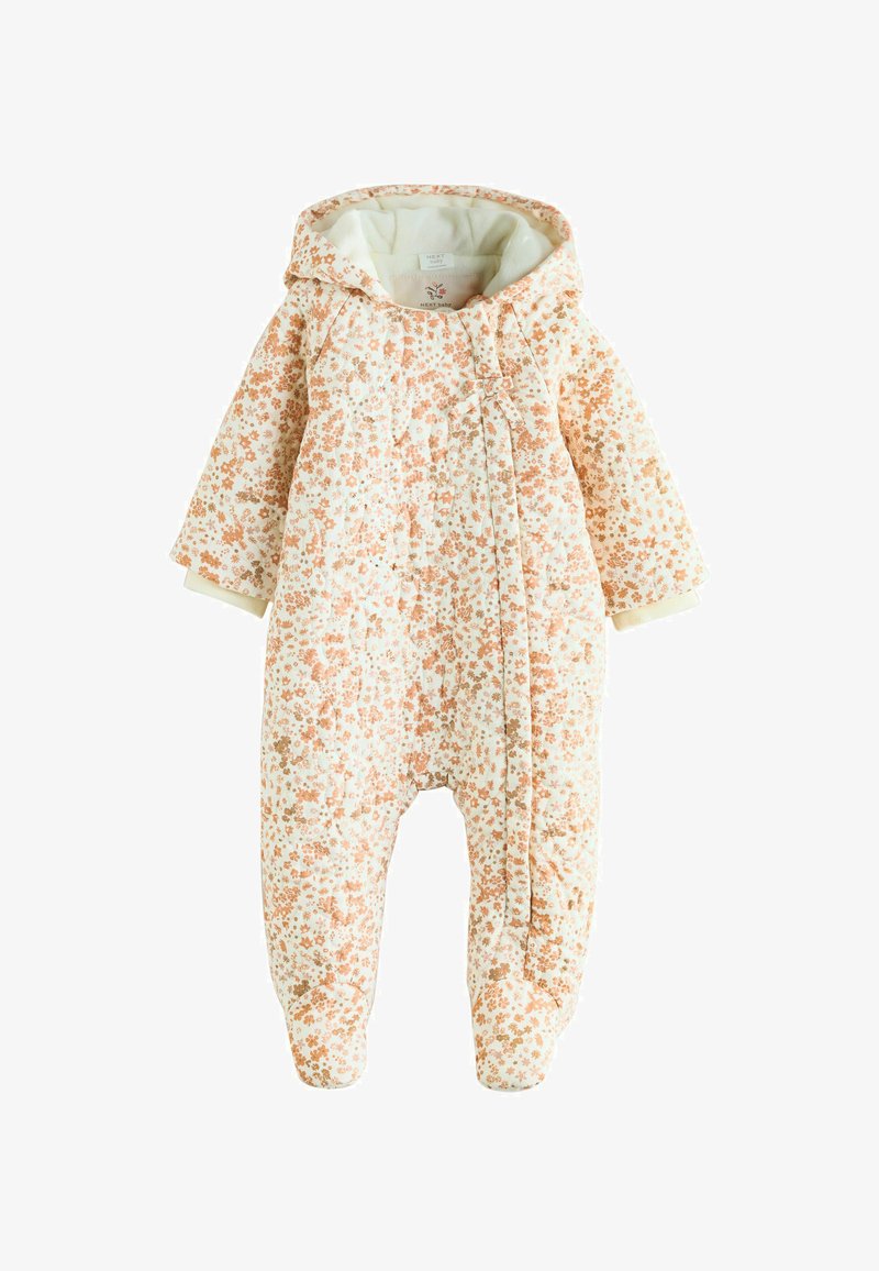 Cream baby snowsuit with peach floral print, attached hood, long sleeves, and footed legs with front zipper closure.