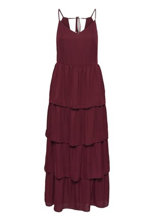 Mouwloze bordeauxrode maxi-jurk met lagen, spaghetti bandjes en een V-hals, met een strikdetail aan de achterkant.