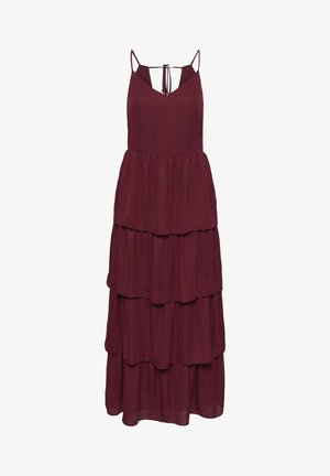 Mouwloze bordeauxrode maxi-jurk met lagen, spaghetti bandjes en een V-hals, met een strikdetail aan de achterkant.