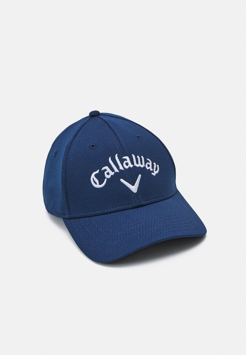 Navy blue baseball cap with a textured fabric, featuring white embroidered "Callaway" logo and a logo accent on the front.